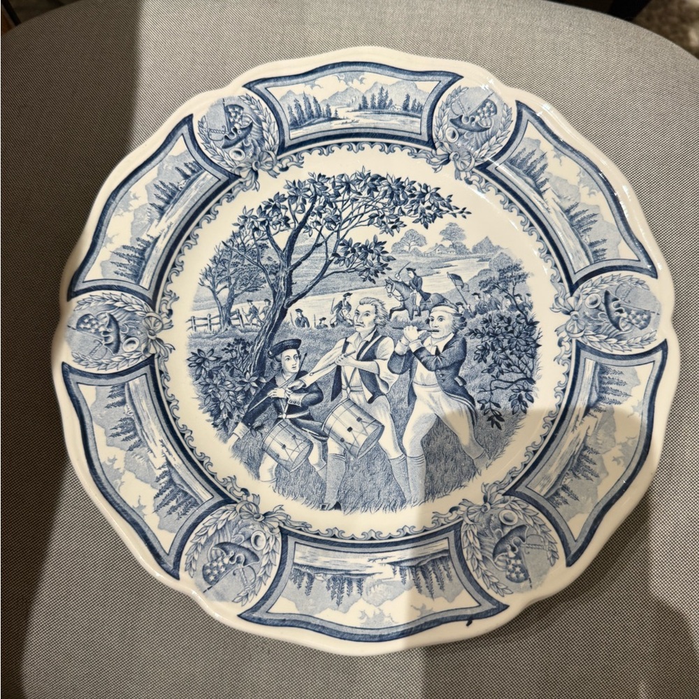 vintage J & G Royal Staffordshire "American Heritage" blue and white plate 10.5”